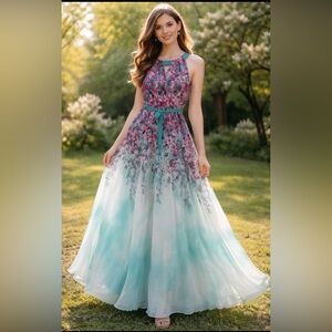 New Rabbit Designs Mint Green Hot Pink Floral Chiffon Sleeveless Maxi Dress